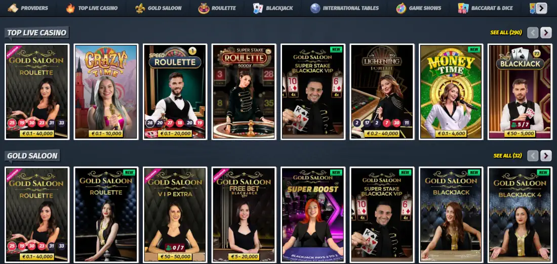 Giochi da casinò con croupier dal vivo e lobby dei giochi da tavolo.